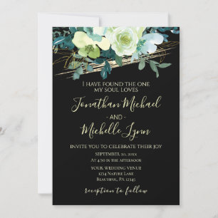Invitation Floral d'or blanc bleu sur Mariage chrétien noir