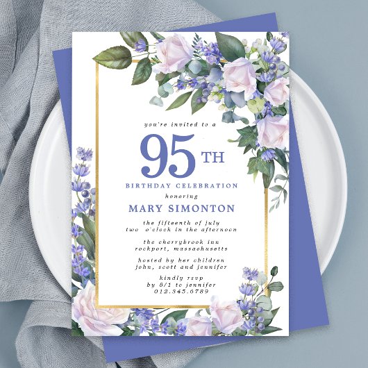 Invitation Floral d'or bleu blanc 95e anniversaire