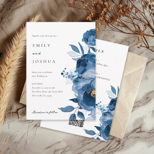 Invitation Floral d'or bleu bleu, tout en un Mariage