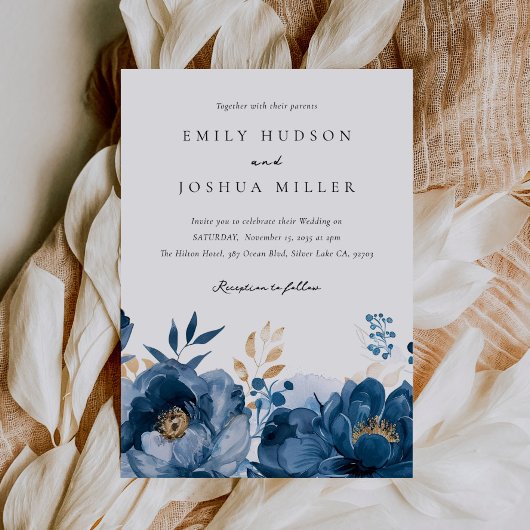 Invitation Floral d'or bleu bleu, tout en un Mariage