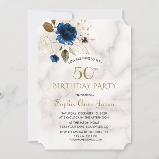 Invitation Floral d'or bleu lunaire 50e anniversaire (Devant)