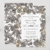 Invitation Floral d'or noir Confetti Aquarelle Quinceañera (Devant / Derrière)