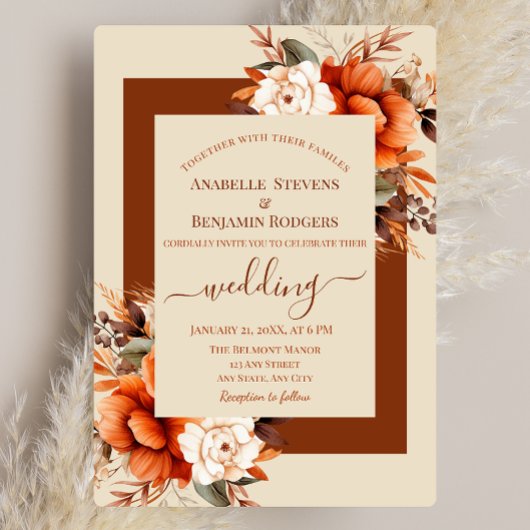Invitation Floral d'orange brûlé et de rouille avec Mariage d
