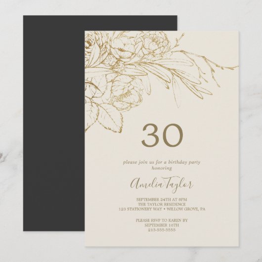Invitation Floral doré | 30e anniversaire de Cream and Gold (Devant / Derrière)