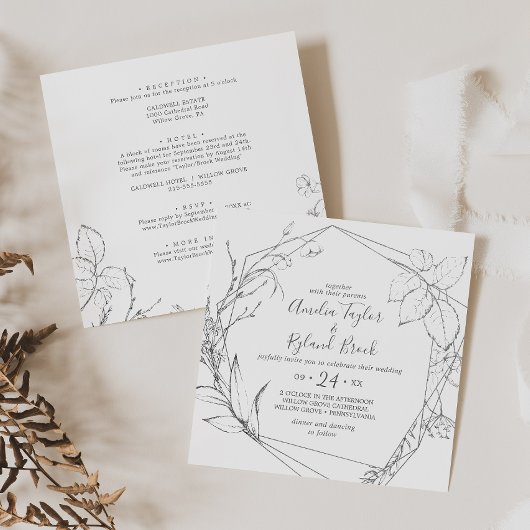 Invitation Floral doré | Argent et blanc tout en un Mariage