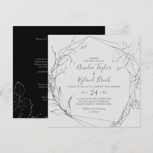 Invitation Floral doré | Argent et noir tout en un Mariage (Devant / Derrière)