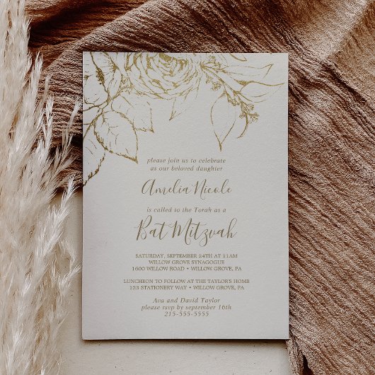 Invitation Floral doré | Bat mitzvah crème et or