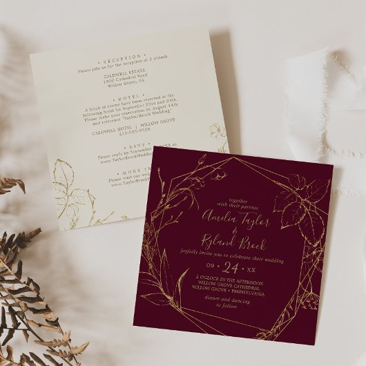 Invitation Floral doré | Bourgogne & Or tout en un Mariage