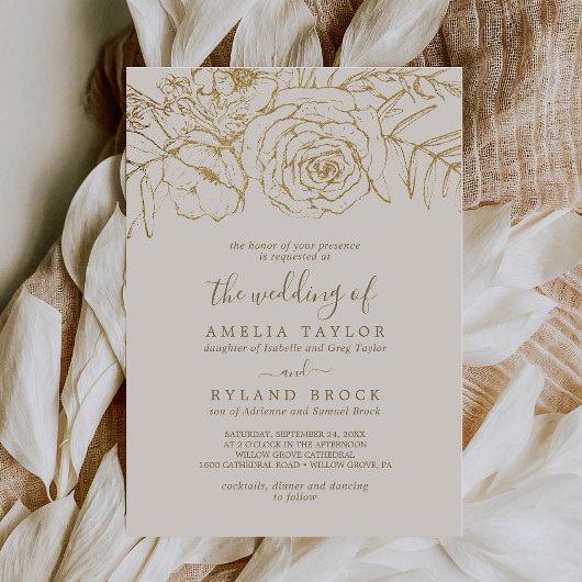 Invitation Floral doré | Cream Gold Parent's Names Mariage