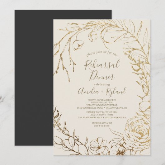 Invitation Floral doré | Dîner de répétition de crème et d'or (Devant / Derrière)