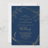 Invitation Floral doré | Mariage bleu et or de la marine (Devant)