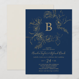 Invitation Floral doré Mariage de monogramme bleu et or Mar