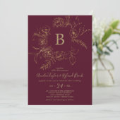 Invitation Floral doré | Mariage de monogramme Bourgogne et o (Debout devant)