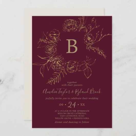 Invitation Floral doré | Mariage de monogramme Bourgogne et o (Devant / Derrière)