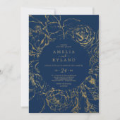 Invitation Floral doré | Mariage Décontracté bleu et or marin (Devant)