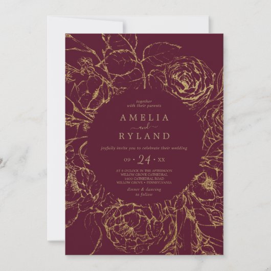 Invitation Floral doré | Mariage Décontracté Bourgogne et or (Devant)