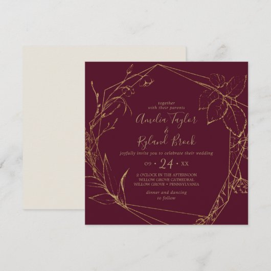 Invitation Floral doré | Mariage géométrique Bourgogne et or (Devant / Derrière)