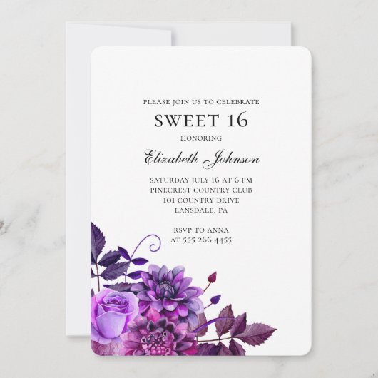 Invitation Floral doux 16. Fleurs violettes 16e anniversaire (Devant)