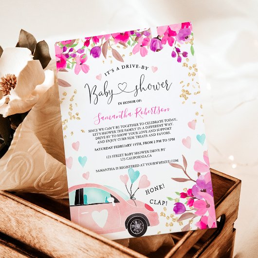 Invitation Floral Drive by baby shower car aquarelle coeurs