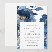 Invitation Floral Dusky Blue Gold Mariage élégant (Devant / Derrière)