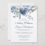 Invitation Floral Dusty bleu ivoire Rose bleu foncé Mariage (Devant)