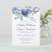 Invitation Floral Dusty bleu ivoire Rose bleu foncé Mariage (Debout devant)