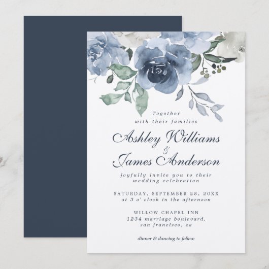 Invitation Floral Dusty bleu ivoire Rose bleu foncé Mariage (Devant / Derrière)