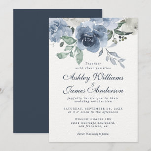 Invitation Floral Dusty bleu ivoire Rose bleu foncé Mariage