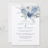 Invitation Floral Dusty bleu ivoire Rose bleu foncé Mariage (Devant)