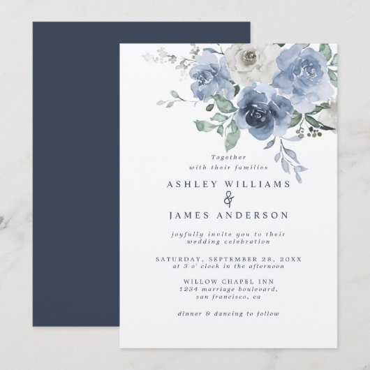 Invitation Floral Dusty bleu ivoire Rose bleu foncé Mariage (Devant / Derrière)