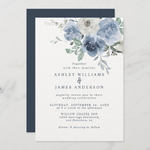 Invitation Floral Dusty bleu ivoire Rose bleu foncé Mariage