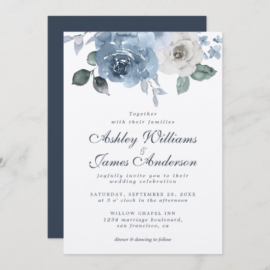Invitation Floral Dusty bleu ivoire Rose bleu foncé Mariage (Devant / Derrière)
