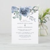 Invitation Floral Dusty bleu ivoire Rose bleu foncé Mariage (Debout devant)