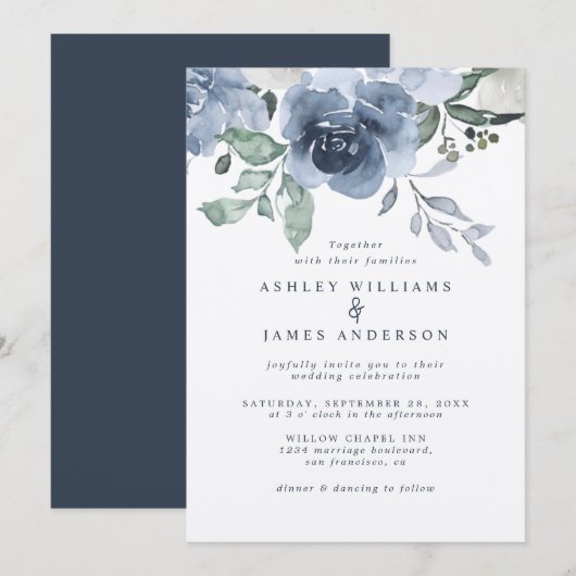 Invitation Floral Dusty bleu ivoire Rose bleu foncé Mariage (Devant / Derrière)