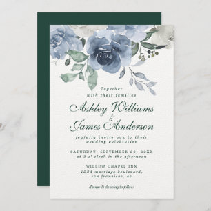 Invitation Floral Dusty bleu ivoire Rose vert foncé Mariage