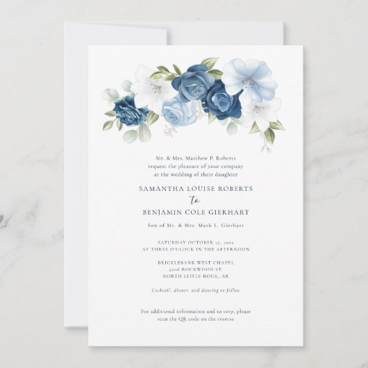 Invitation Floral Dusty bleu QR Code tout en un Mariage (Devant)