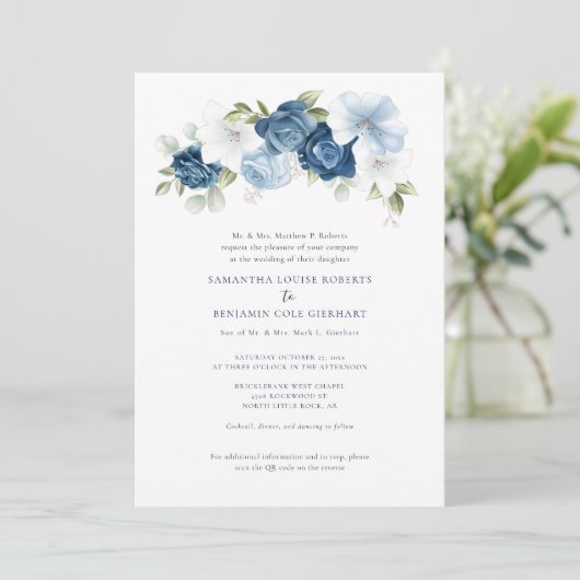 Invitation Floral Dusty bleu QR Code tout en un Mariage (Debout devant)