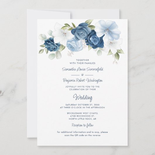 Invitation Floral Dusty bleu QR Code tout en un Mariage (Devant)