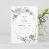 Invitation Floral Dusty Bleu Vert Mariage Enregistrer La Date (Debout devant)
