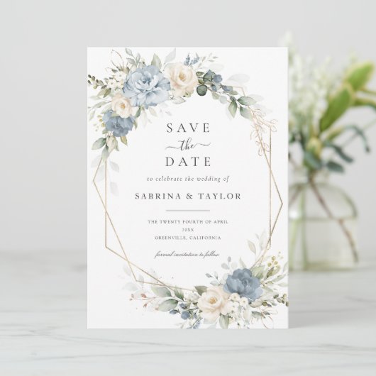 Invitation Floral Dusty Bleu Vert Mariage Enregistrer La Date (Debout devant)