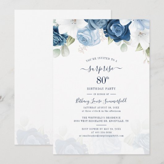 Invitation Floral Dusty Blue 80e fête d'anniversaire (Devant / Derrière)