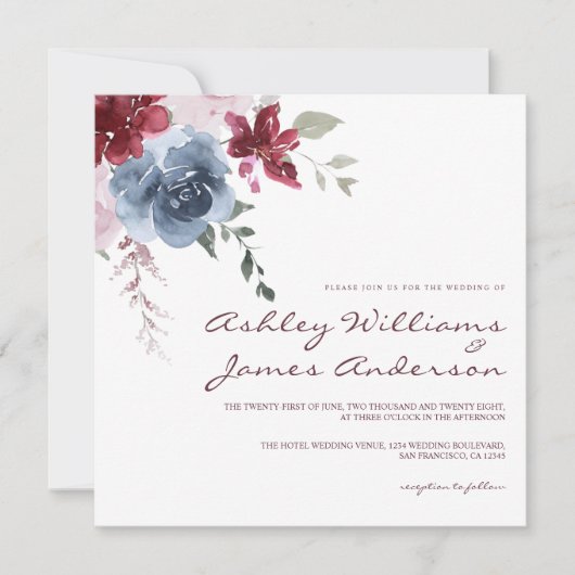 Invitation Floral Dusty Blue Bourgogne Rose Elégant mariage (Devant)