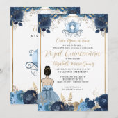 Invitation Floral Dusty Blue Cinderella Royal Quinceanera (Devant / Derrière)