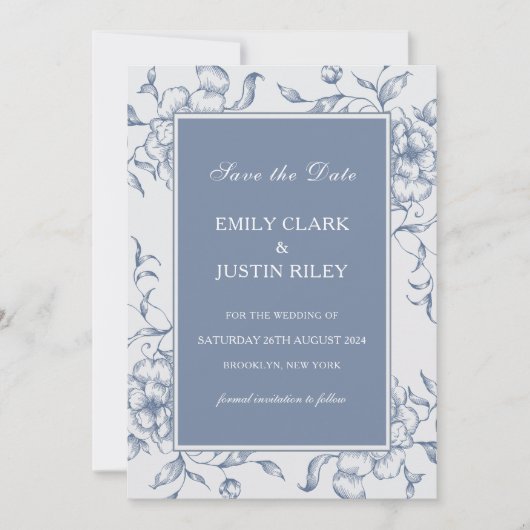 Invitation Floral Dusty Blue Elegant Enregistrer le Mariage D (Devant)