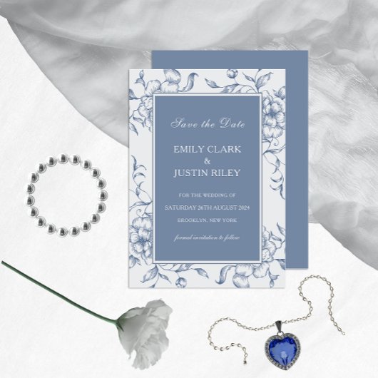 Invitation Floral Dusty Blue Elegant Enregistrer le Mariage D