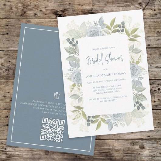 Invitation Floral Dusty Blue Fête des mariées QR Code cadeau