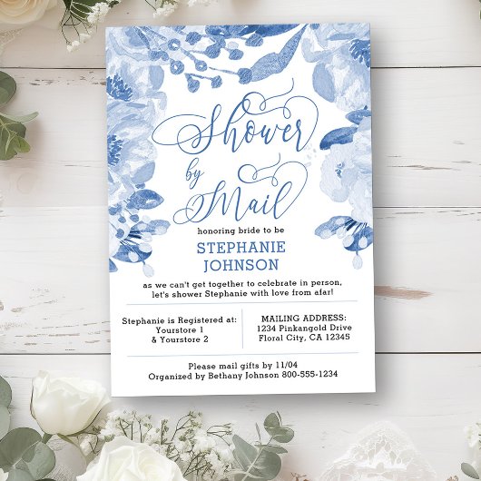 Invitation Floral Dusty Blue Fête des mariées virtuelle par c