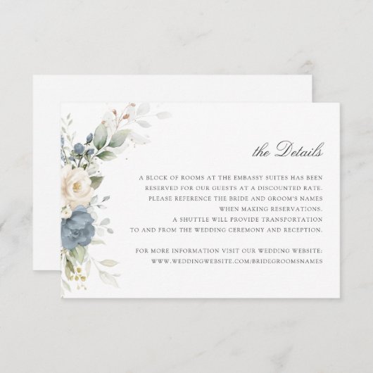 Invitation Floral Dusty Blue Greenery Détails du Mariage Insé (Devant / Derrière)