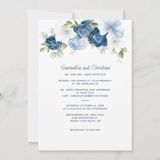 Invitation Floral Dusty Blue Greenery Typographie Mariage (Devant)