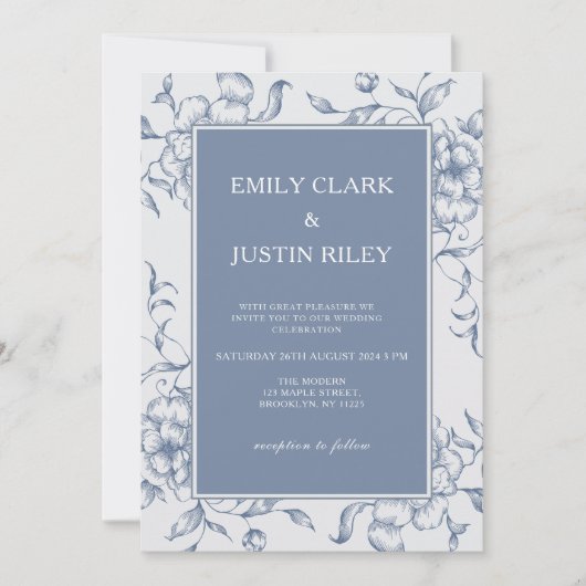 Invitation Floral Dusty Blue Mariage élégant (Devant)